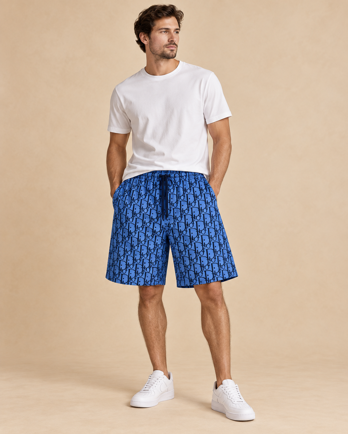 Men’s Blue Monogram Print Drawstring Shorts
