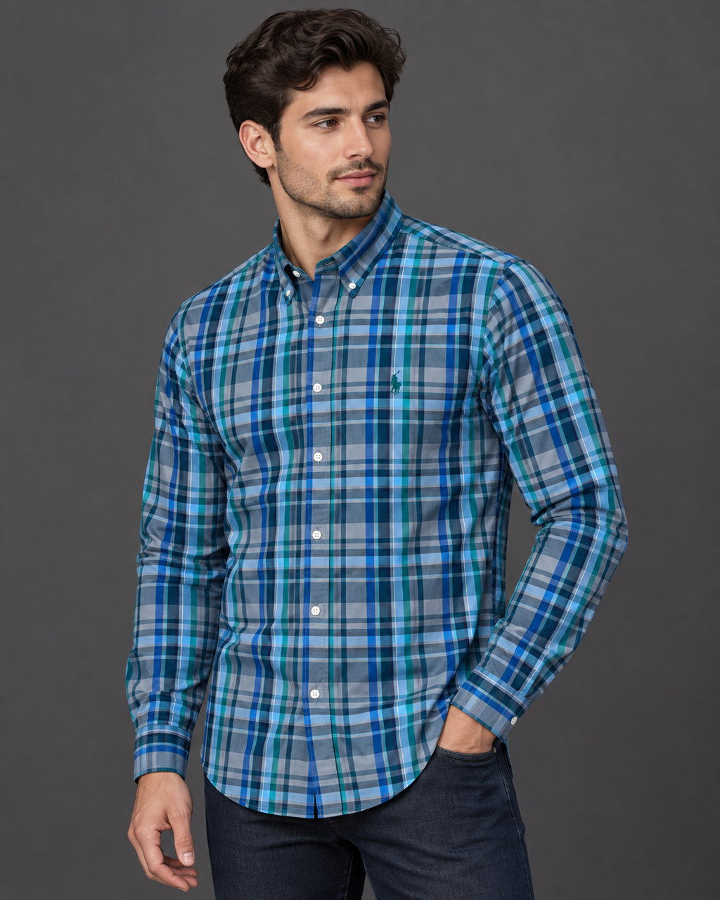Men’s Blue & Teal Plaid Button-Down Shirt