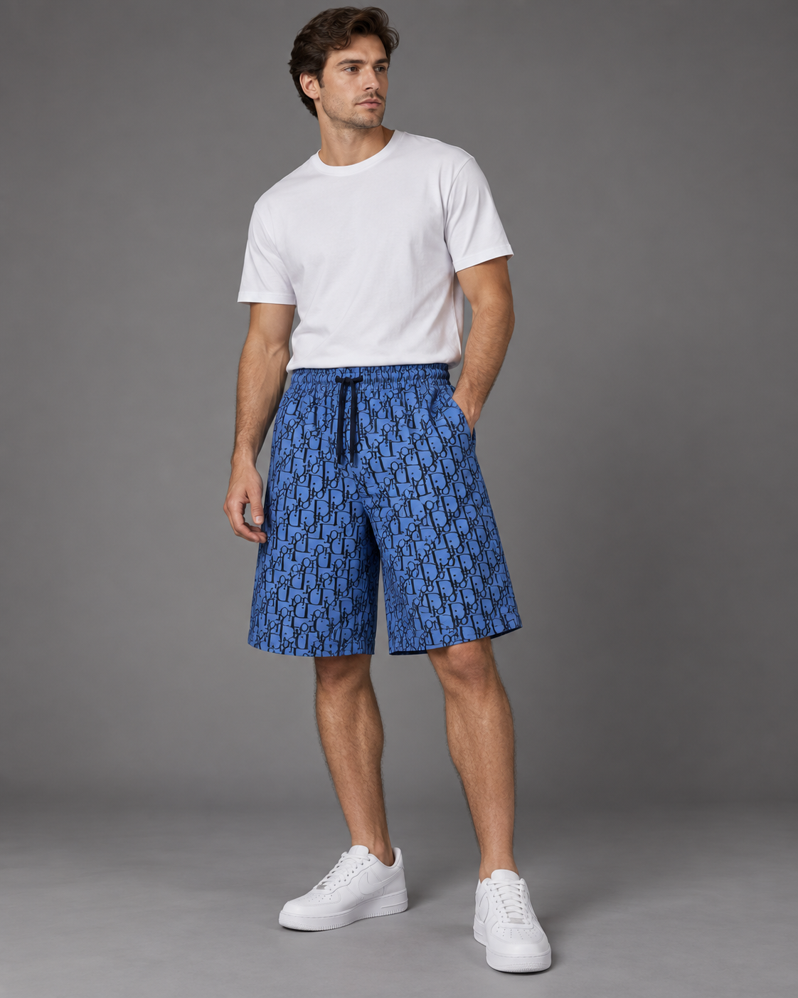 Men’s Blue Monogram Print Drawstring Shorts