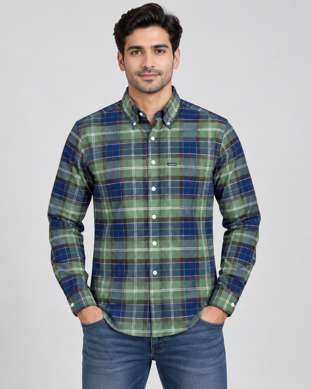 Men’s Green & Navy Blue Plaid Button-Down Shirt