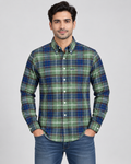 Men’s Green & Navy Blue Plaid Button-Down Shirt