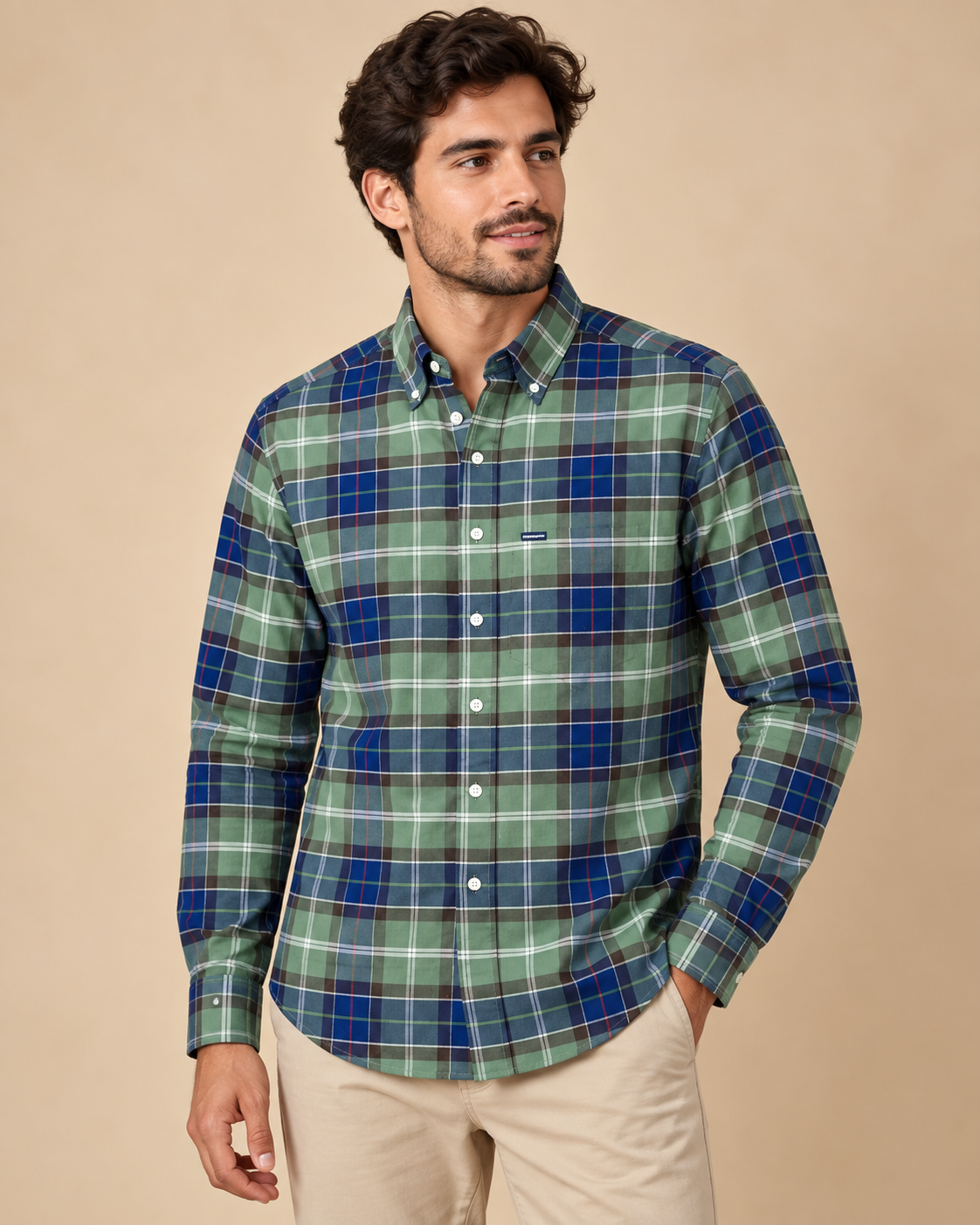 Men’s Green & Navy Blue Plaid Button-Down Shirt