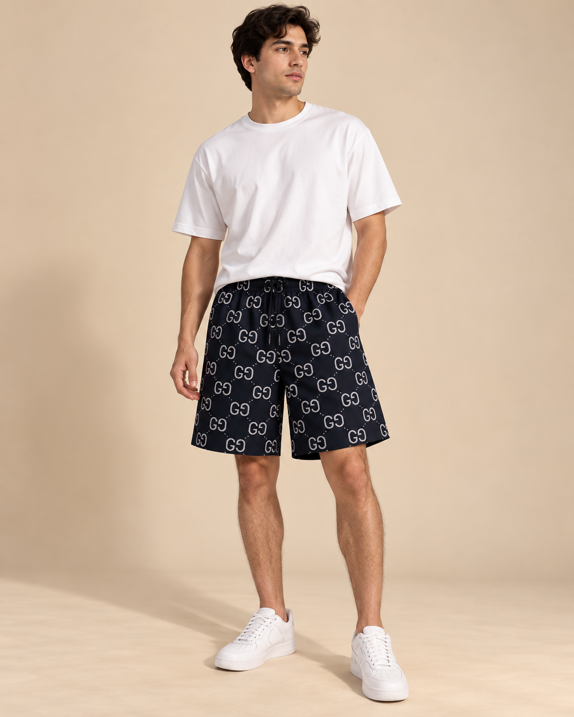 Men’s Black Monogram Print Drawstring Shorts
