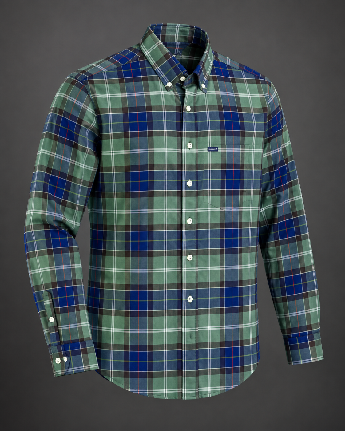 Men’s Green & Navy Blue Plaid Button-Down Shirt