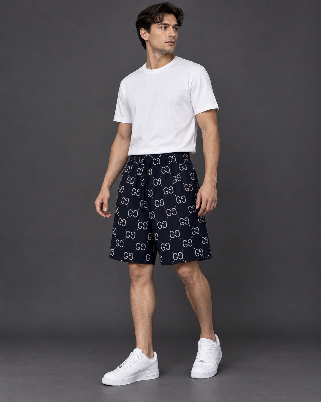 Men’s Black Monogram Print Drawstring Shorts