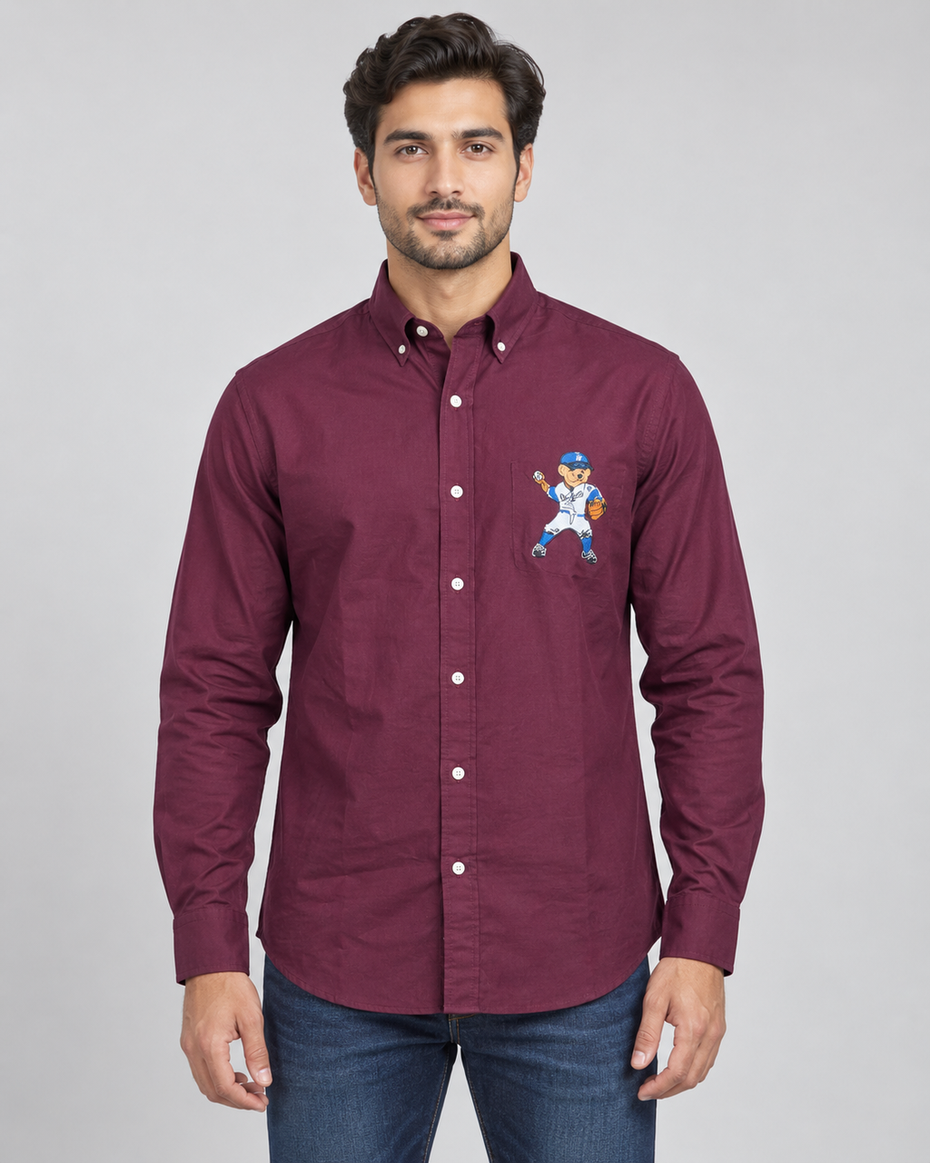 Men’s Burgundy Bear Graphic Button-Down Shirt