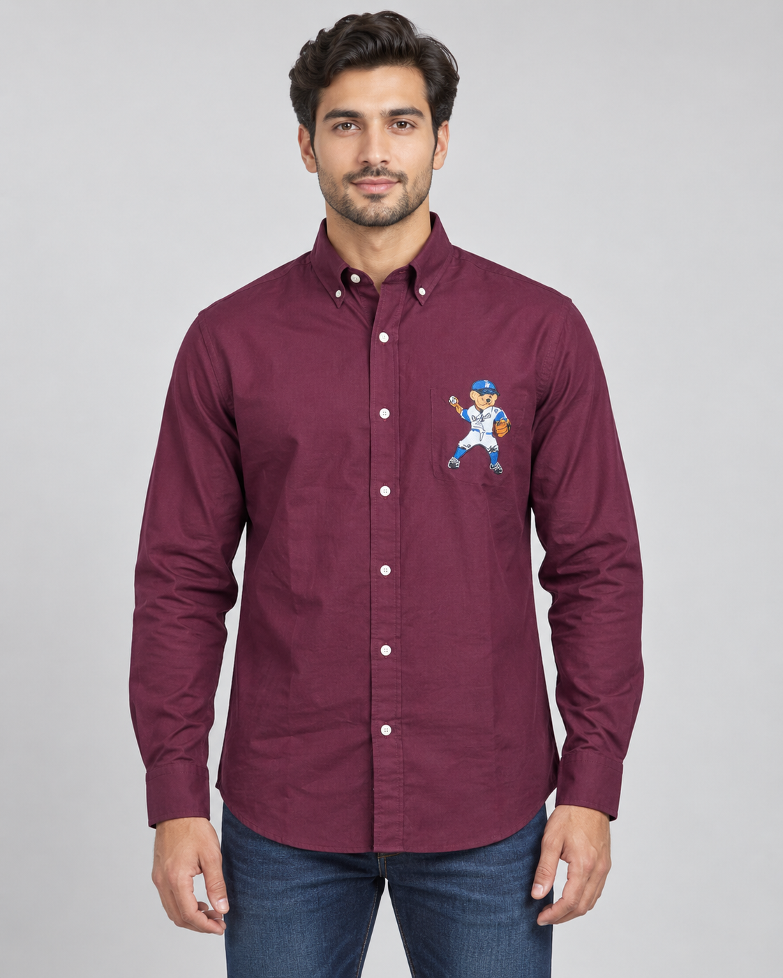 Men’s Burgundy Bear Graphic Button-Down Shirt