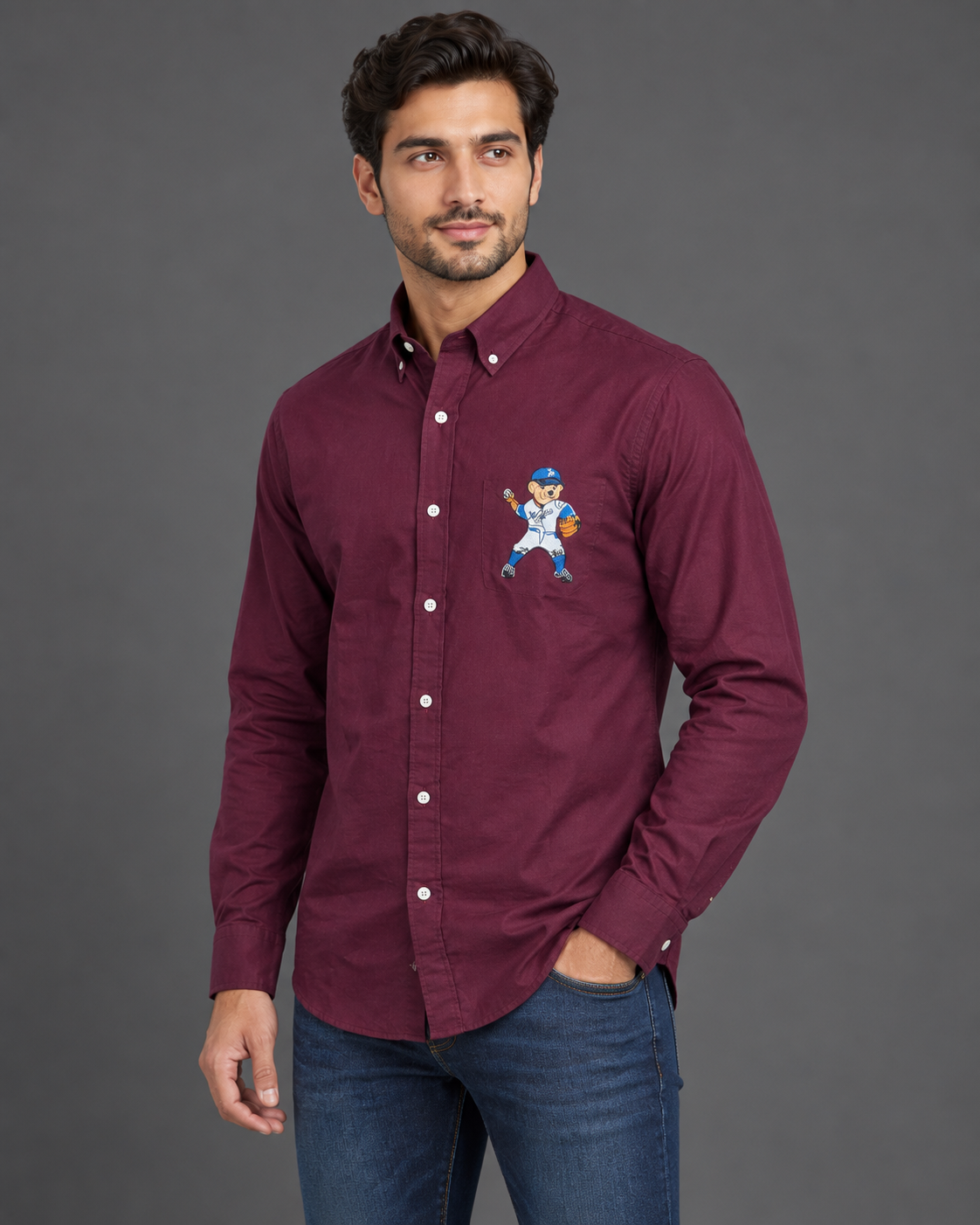 Men’s Burgundy Bear Graphic Button-Down Shirt