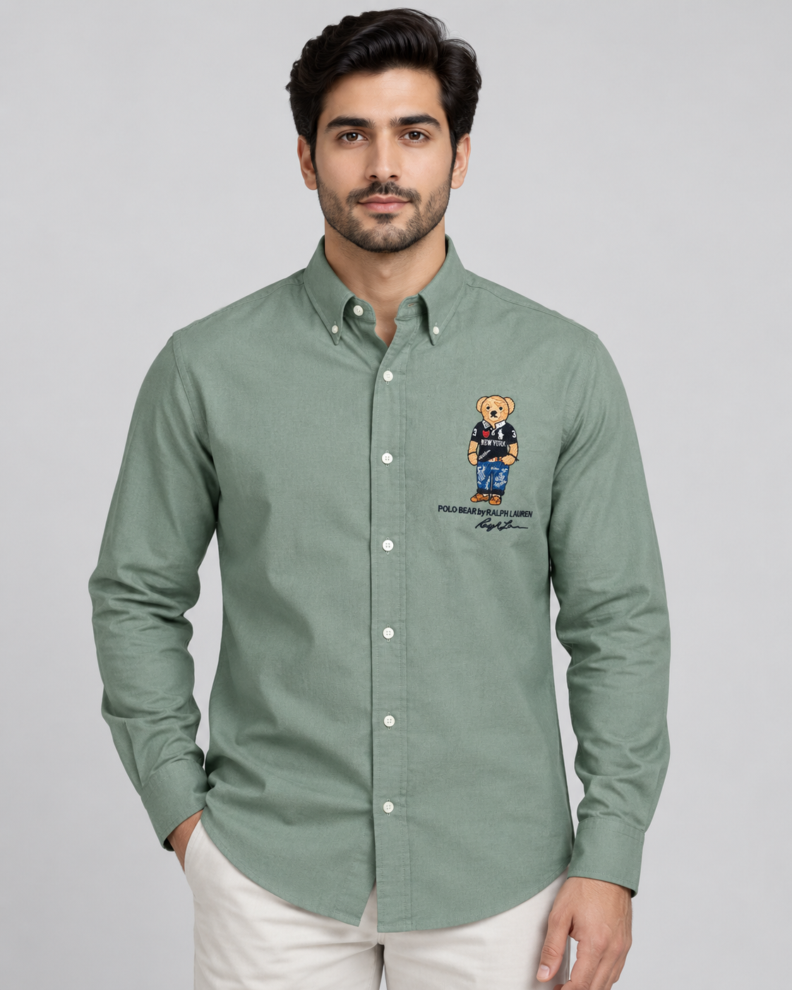 Men’s Sage Green Bear Embroidered Button-Down Shirt