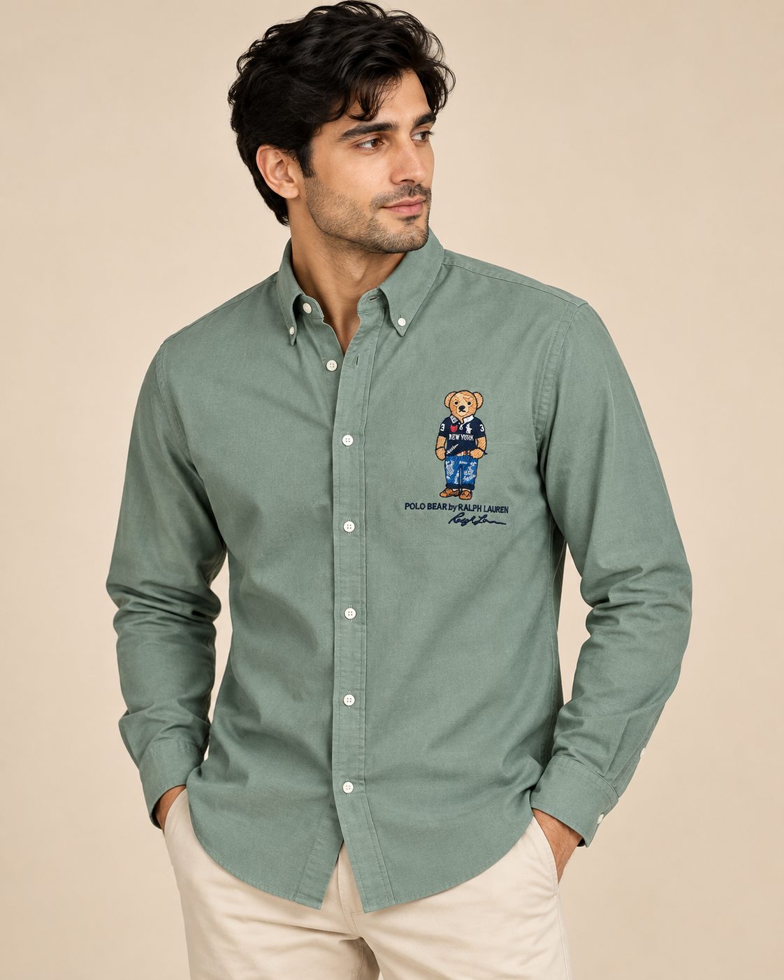 Men’s Sage Green Bear Embroidered Button-Down Shirt