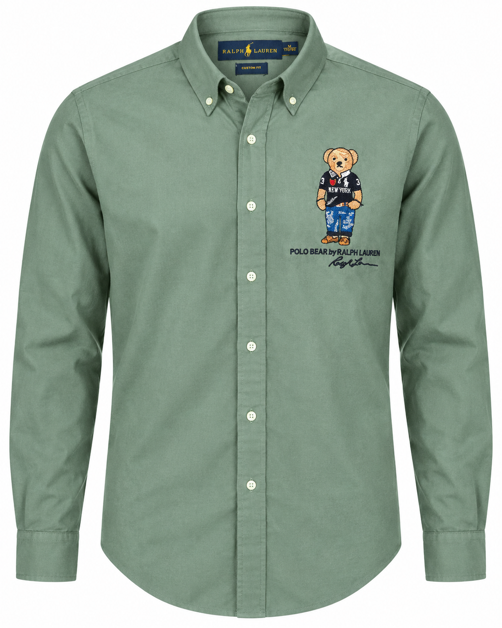 Men’s Sage Green Bear Embroidered Button-Down Shirt