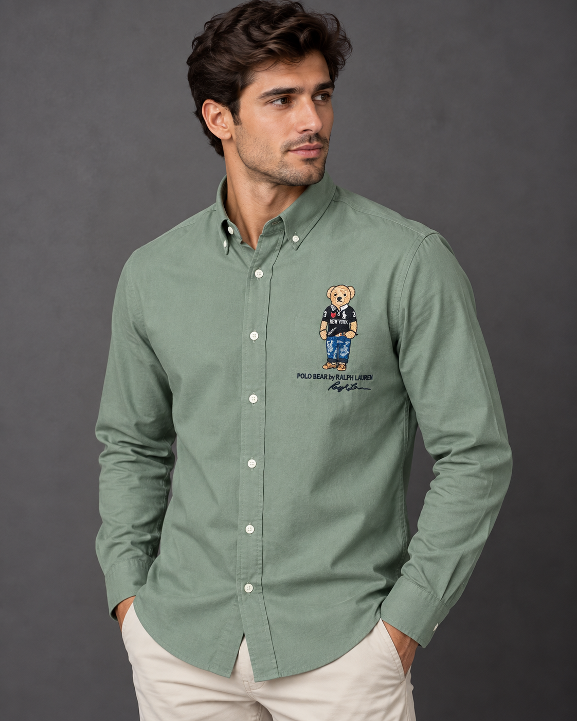 Men’s Sage Green Bear Embroidered Button-Down Shirt