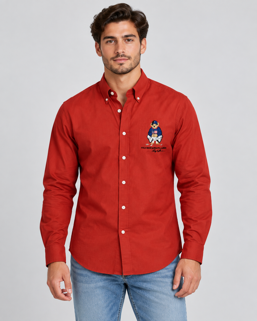 Men’s Red Bear Graphic Button-Down Shirt