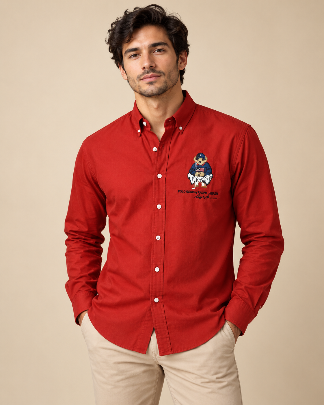 Men’s Red Bear Graphic Button-Down Shirt