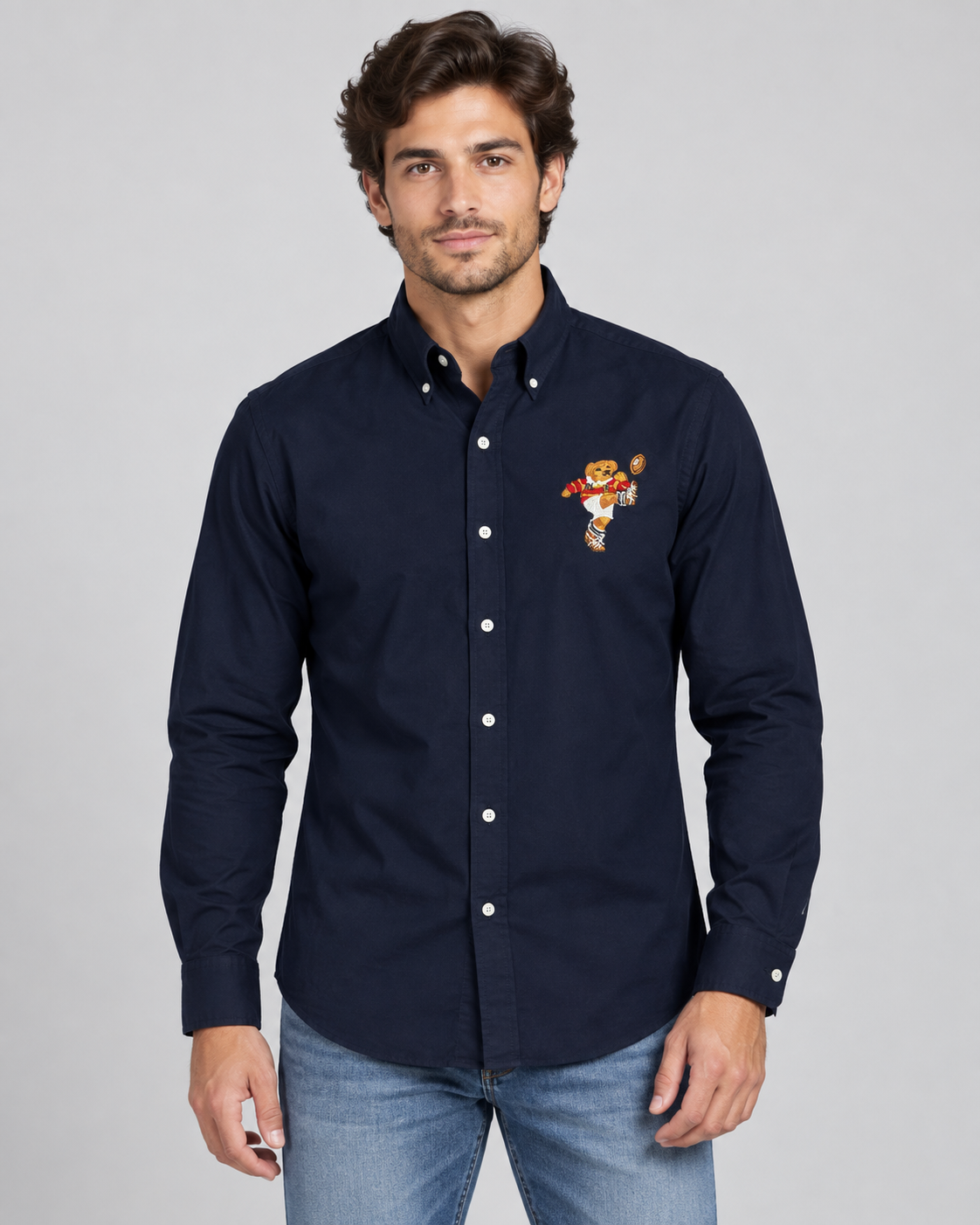 Men’s Navy Blue Teddy Bear Embroidered Button-Down Shirt