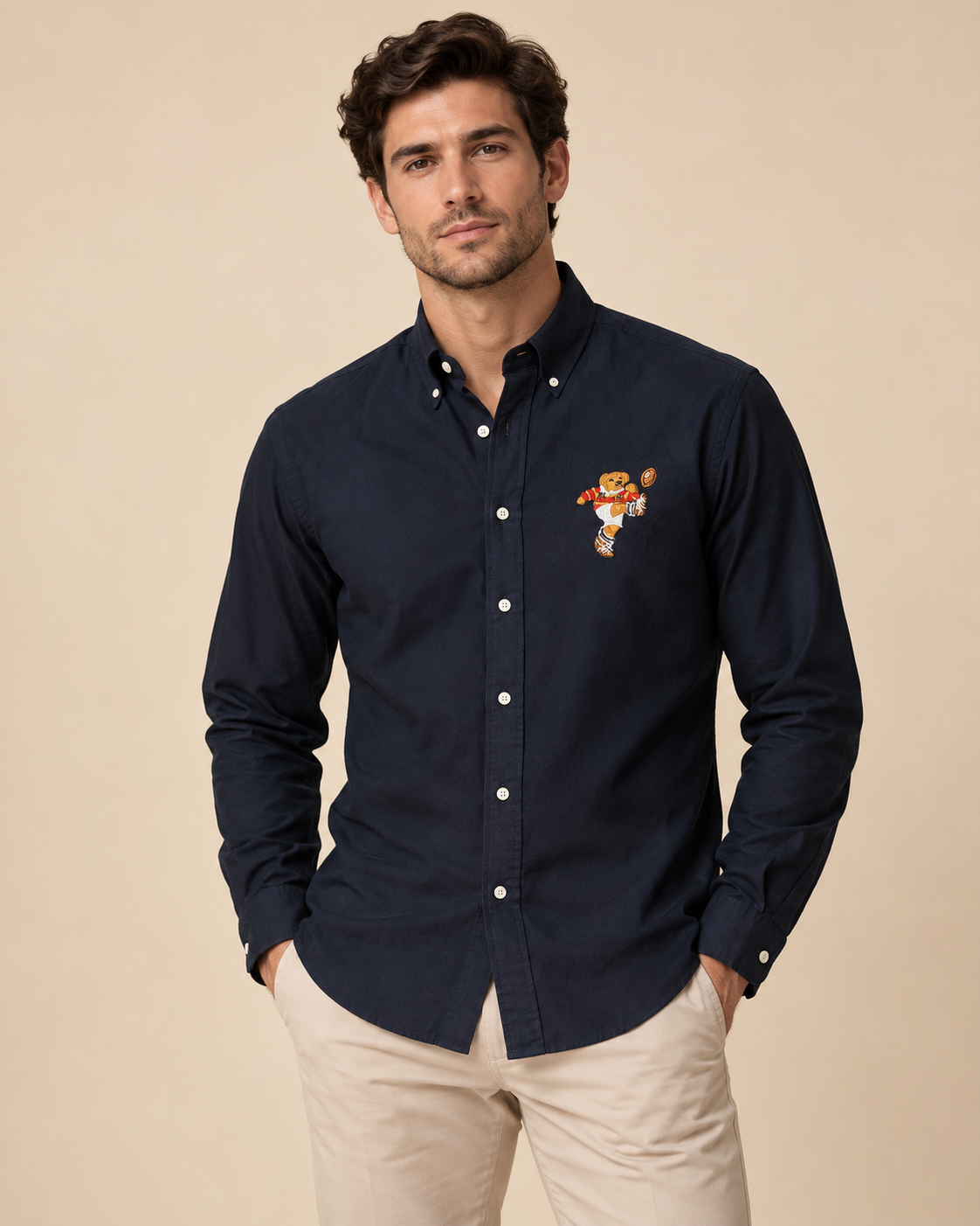 Men’s Navy Blue Teddy Bear Embroidered Button-Down Shirt