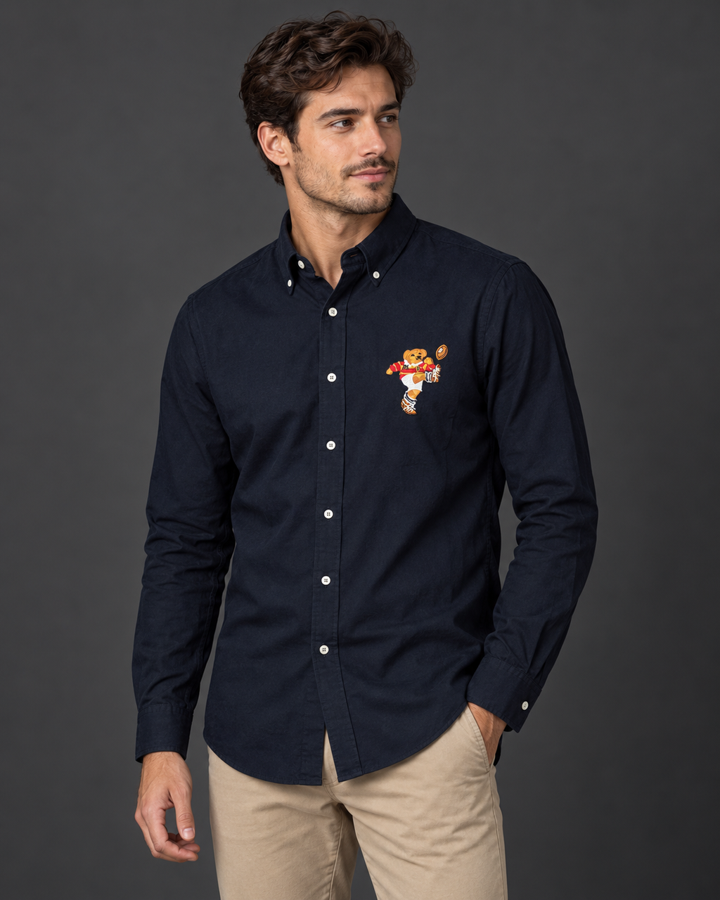 Men’s Navy Blue Teddy Bear Embroidered Button-Down Shirt