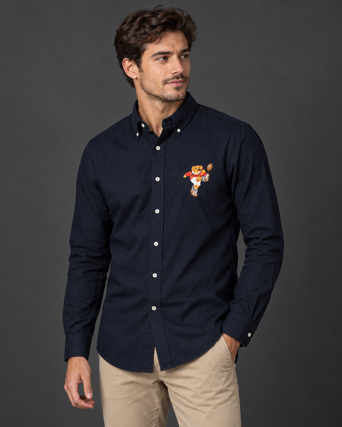Men’s Navy Blue Teddy Bear Embroidered Button-Down Shirt