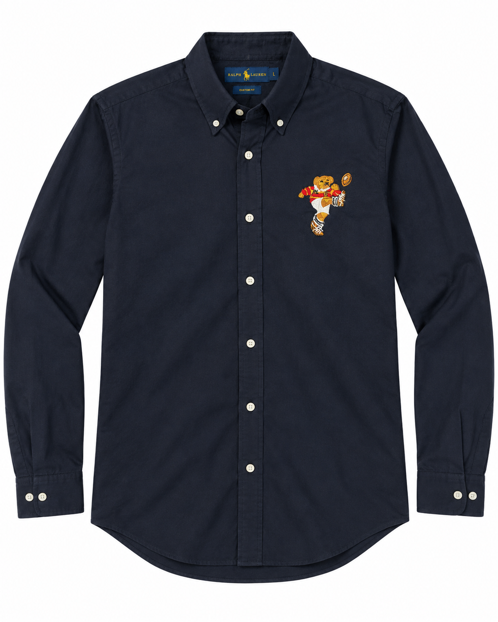 Men’s Navy Blue Teddy Bear Embroidered Button-Down Shirt