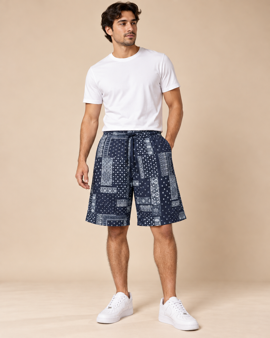 Men’s Navy Bandana Print Drawstring Shorts