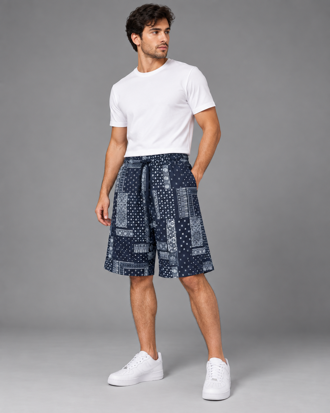 Men’s Navy Bandana Print Drawstring Shorts