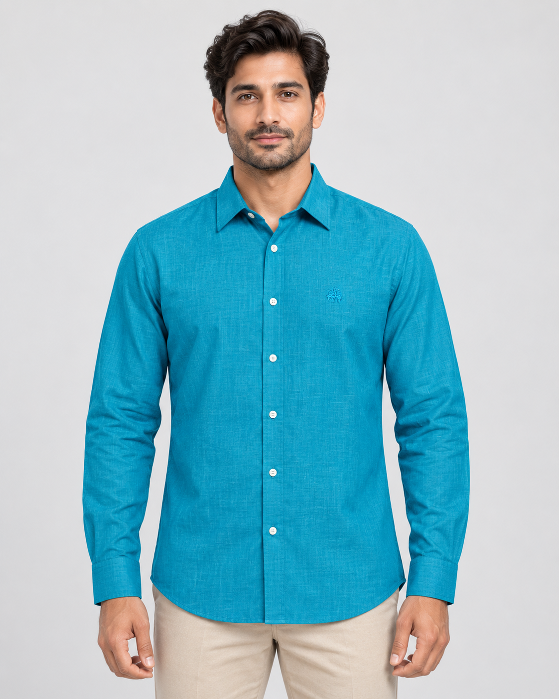 Men’s Turquoise Blue Textured Full-Sleeve Button-Down Shirt