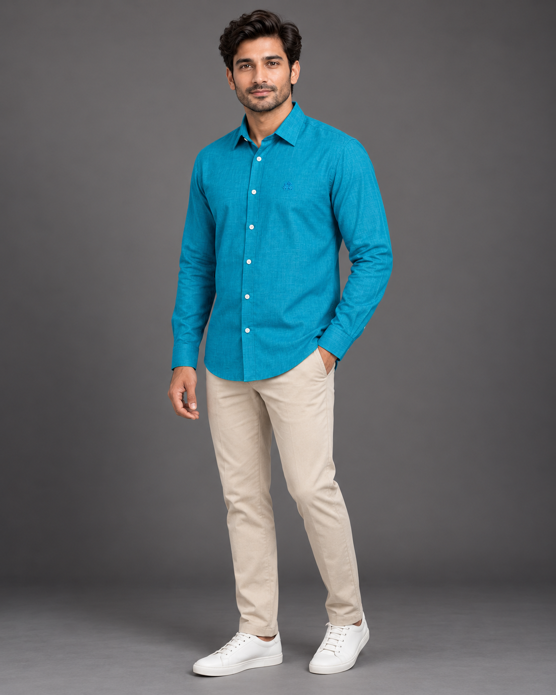 Men’s Turquoise Blue Textured Full-Sleeve Button-Down Shirt