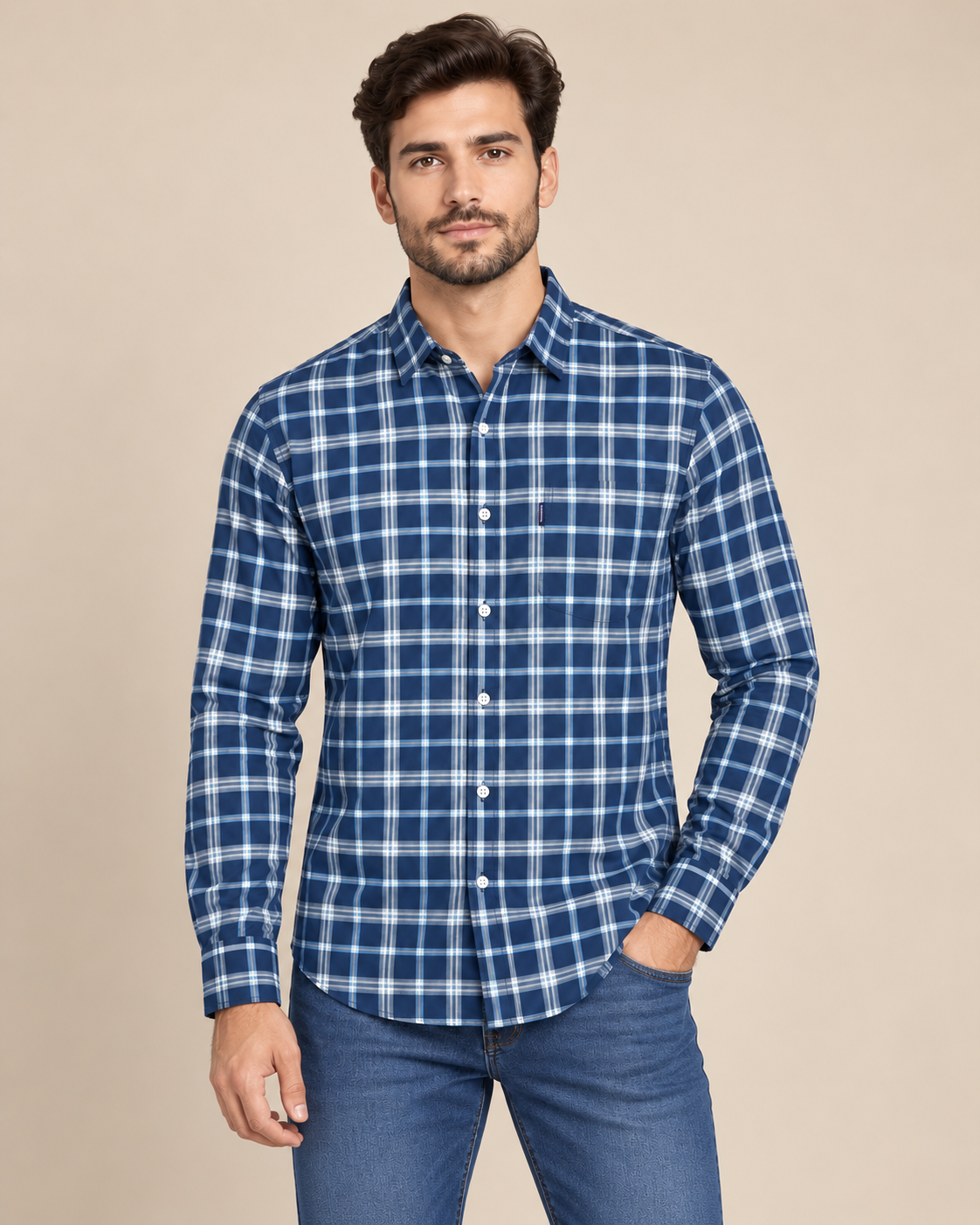 Navy Blue Check Shirt – Classic Fit
