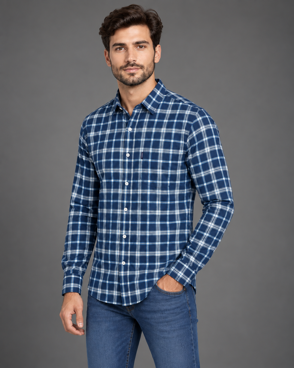 Navy Blue Check Shirt – Classic Fit