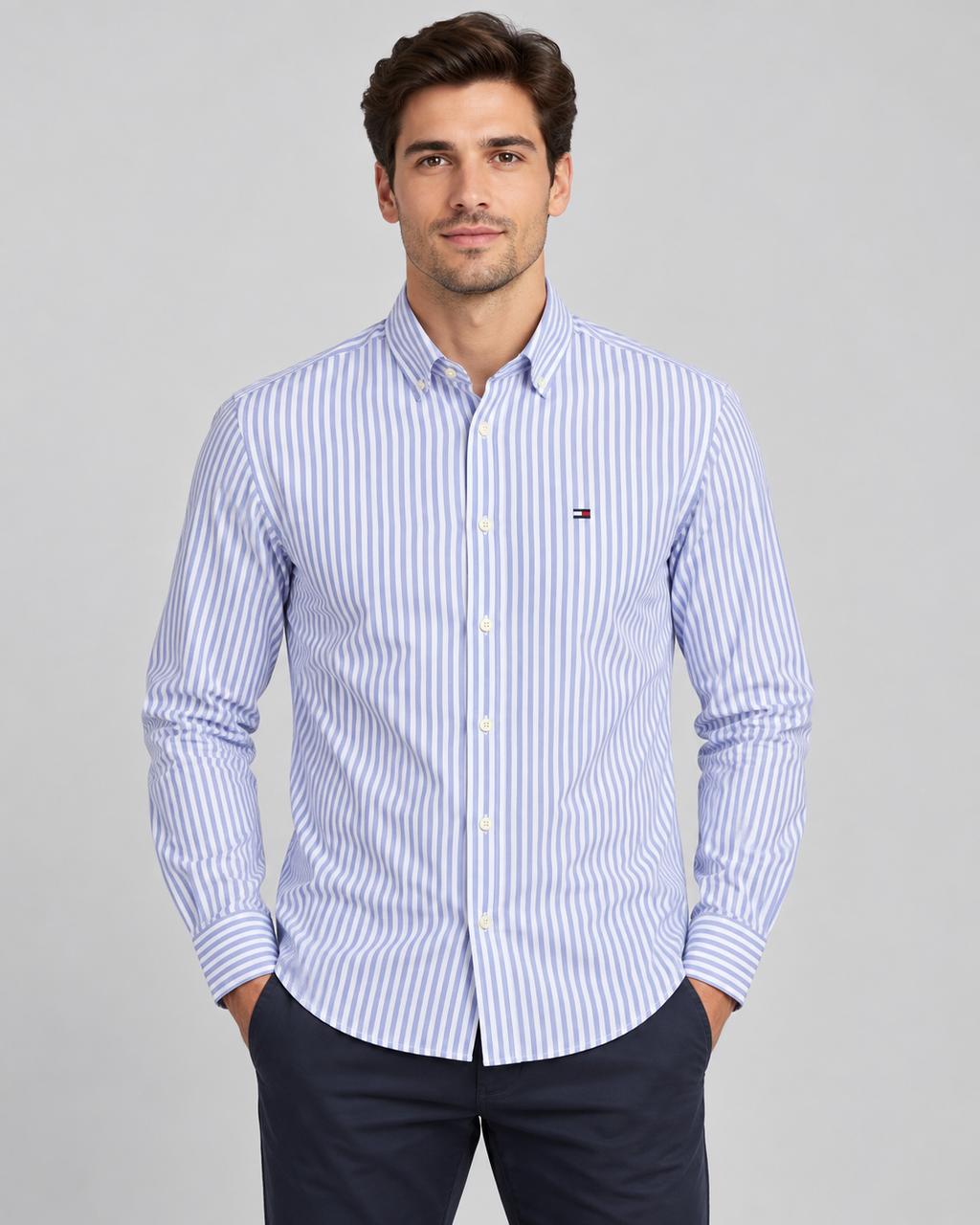 Men’s Blue & White Vertical Striped Button-Down Shirt