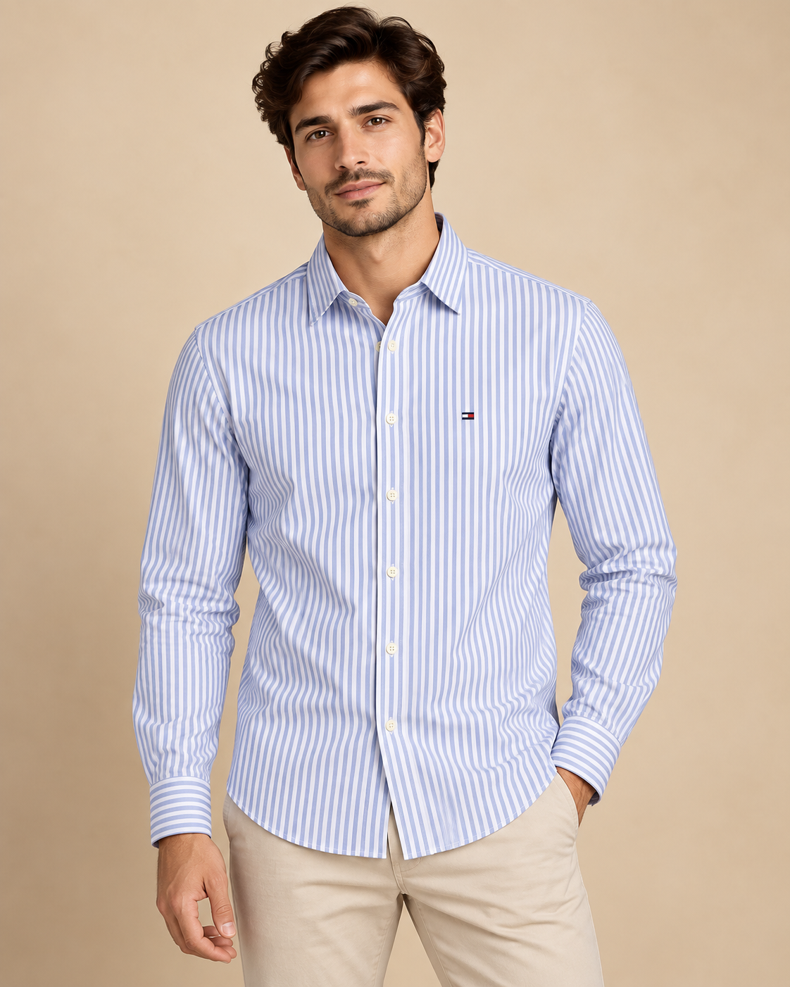Men’s Blue & White Vertical Striped Button-Down Shirt